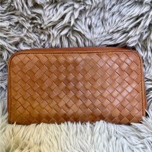 Bottega Veneta Intrecciato Zip Around Wallet Tan